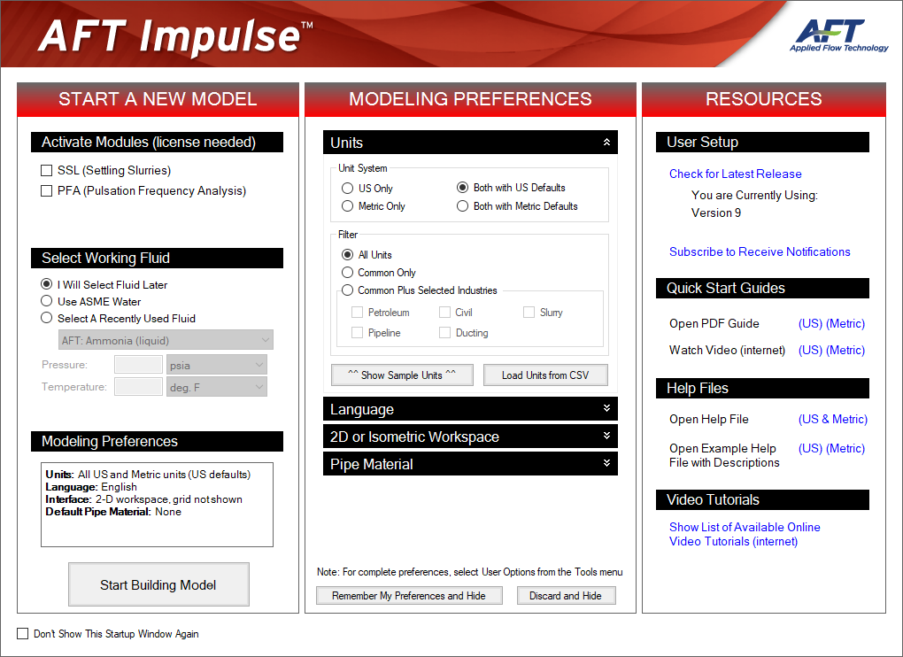 The Startup Window in AFT Impulse showing the modeling preferences.